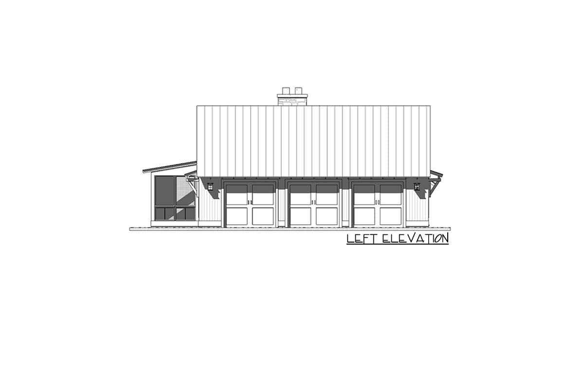 Left elevation of a house plan featuring a metal roof, three garage doors, and a side screened porch.