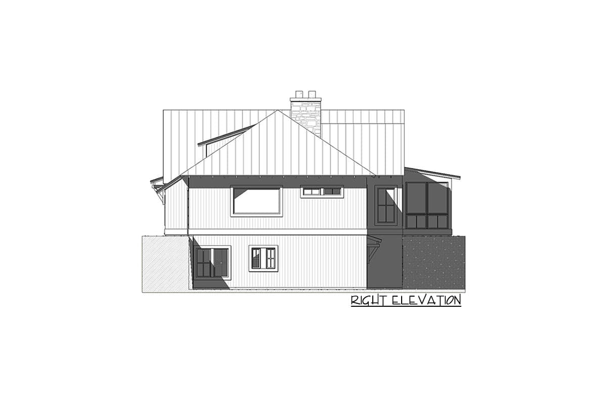 Right elevation house plan showing a metal roof, gabled dormers, stone chimney, and multiple window types.