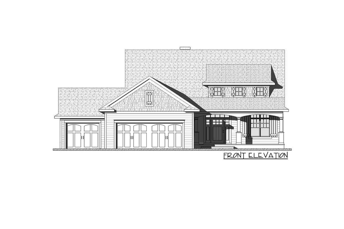 Front elevation drawing of a house plan with a three-car garage, covered porch, and dormer windows.
