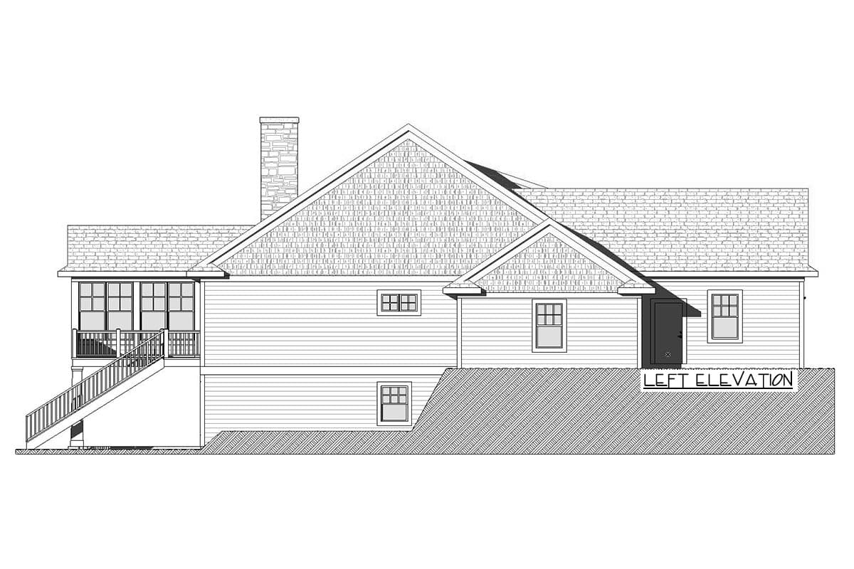 Left elevation house plan showing a stone chimney, screened porch with stairs, and varied rooflines.