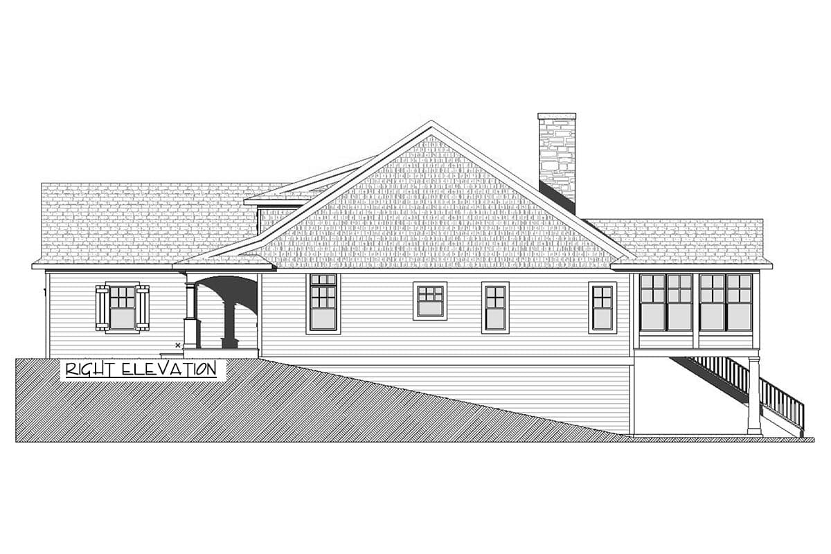 Right elevation house plan with a covered front porch, gable roof with dormer, and screened porch on the right.