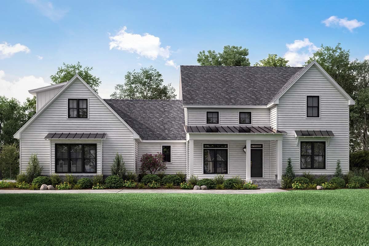 House plan exterior. Two-story Modern Farmhouse with gabled rooflines, black-framed windows, and covered front porch.