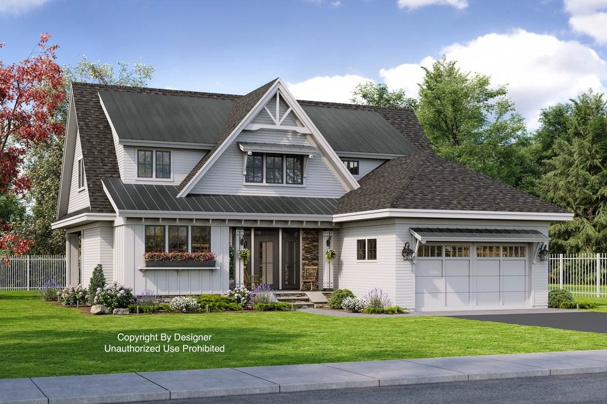 House plan exterior: Two-story modern farmhouse with metal roof, prominent gables, covered front porch, and attached garage.