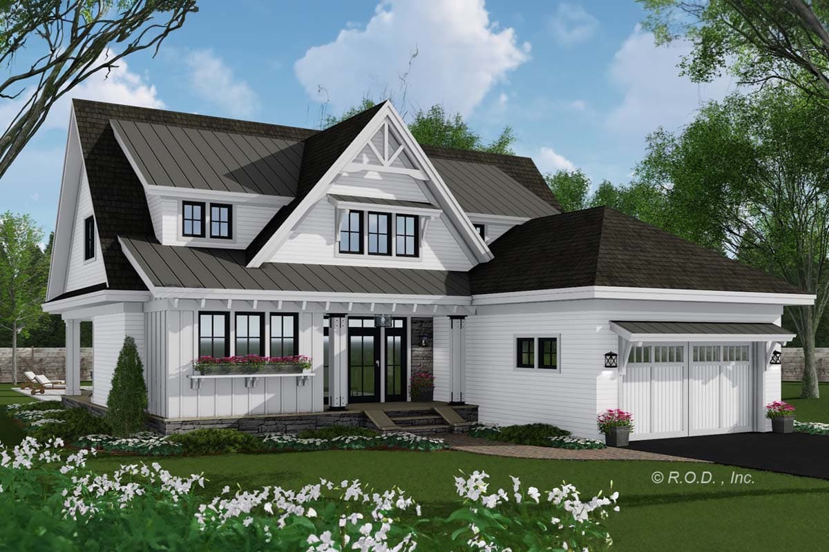 Modern Farmhouse house plan exterior with a prominent gable, covered porch, and attached two-car garage.