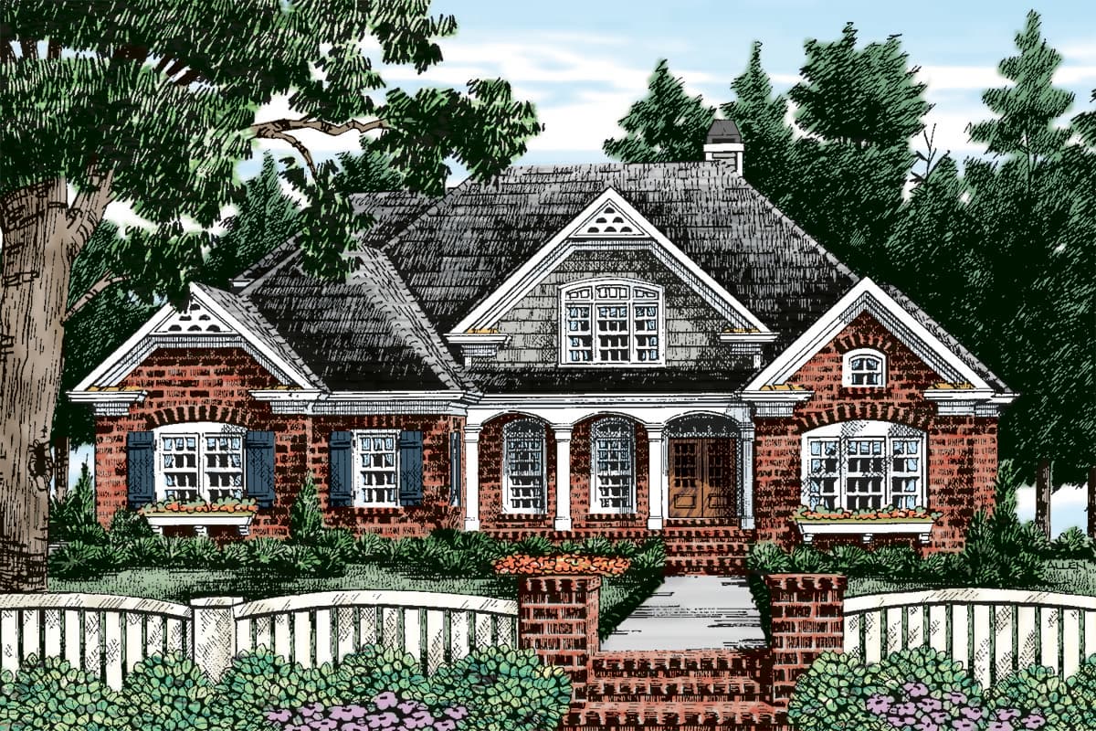 House plan exterior. Two-story brick home with gabled roof, dormers, and front porch with columns. Features include window shutters and a chimney.