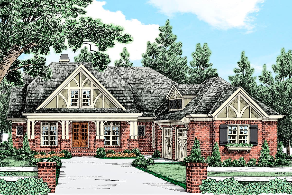 House plan exterior with Craftsman style, single story, prominent gables, covered porch, and attached garage with gabled roof.