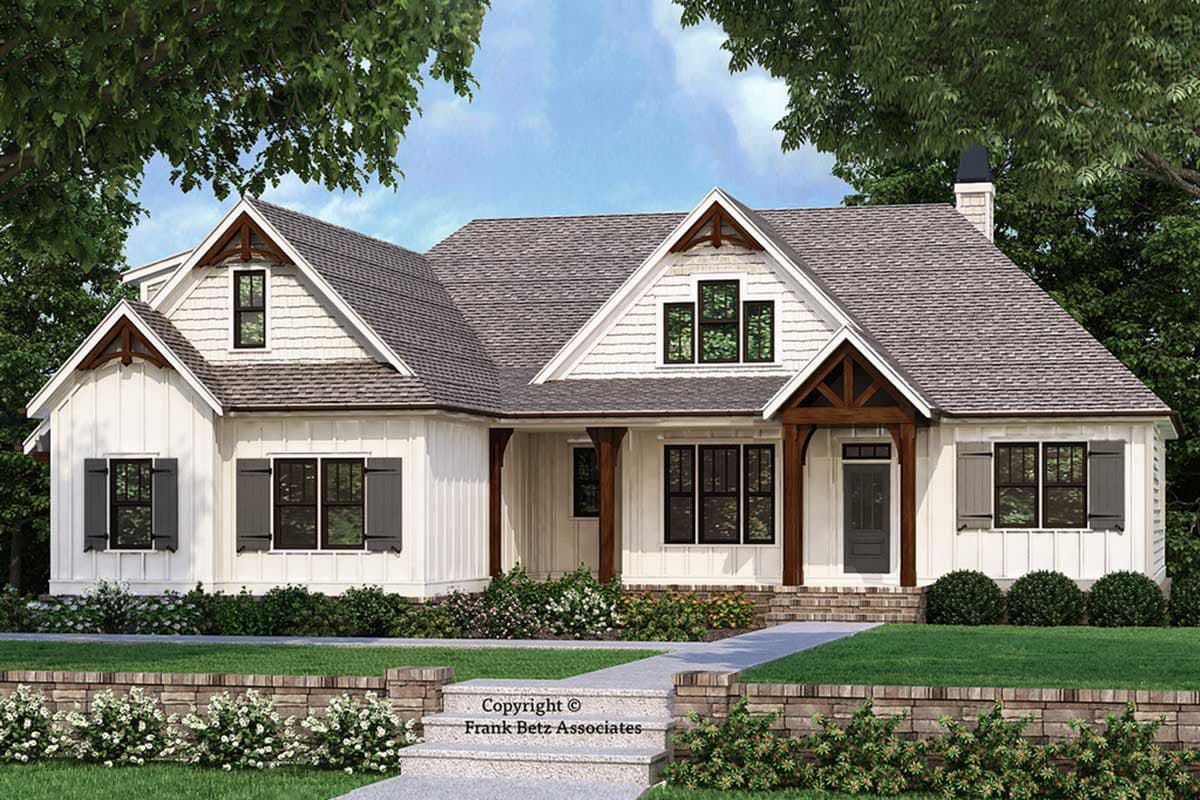 House plan exterior featuring a Craftsman style, one story, gabled rooflines, exposed wood brackets, and a covered porch.