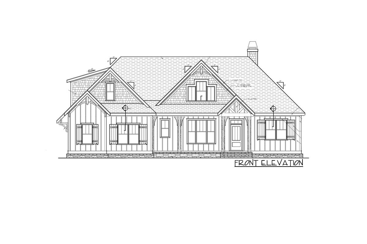 Front elevation drawing of a two-story house plan with gables, dormers, and a covered front porch.