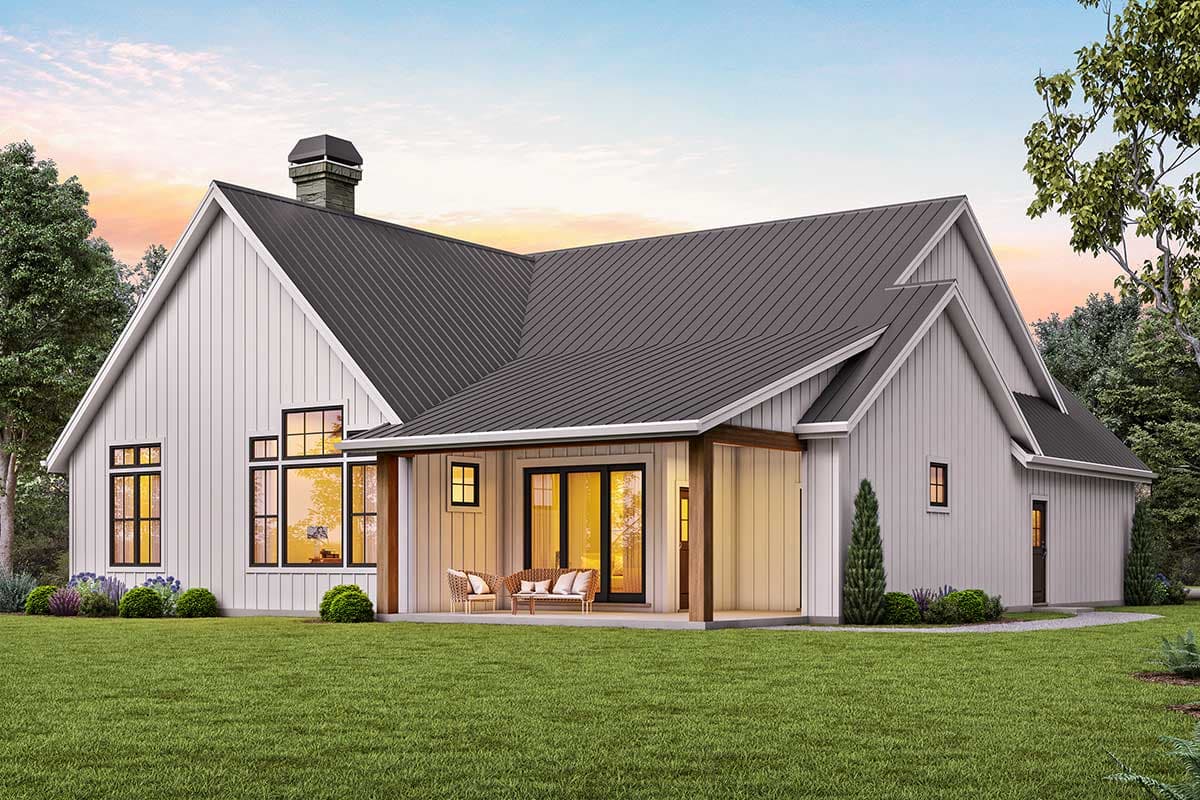 Modern Farmhouse house plan exterior with gabled roof, board and batten siding, covered porch with wood beams, and large windows.