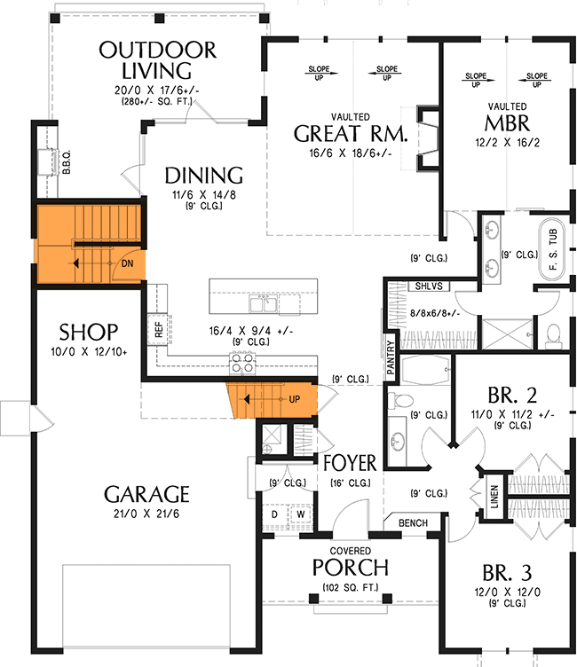 Plan 69715AM: 3-Bed New American House Plan with Vaulted Great Room - 1878 Sq Ft - Floor Plan - Bonus Room and Basement Option Stair Location - Cottage, Country, Modern Farmhouse, New American