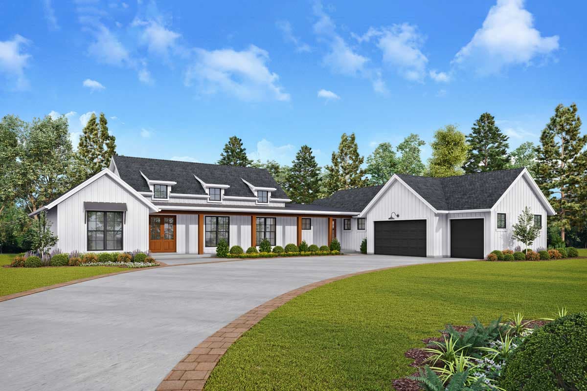 House plan exterior. Modern farmhouse style with dormers, a front porch, and a detached two-car garage. Features a gabled roofline.