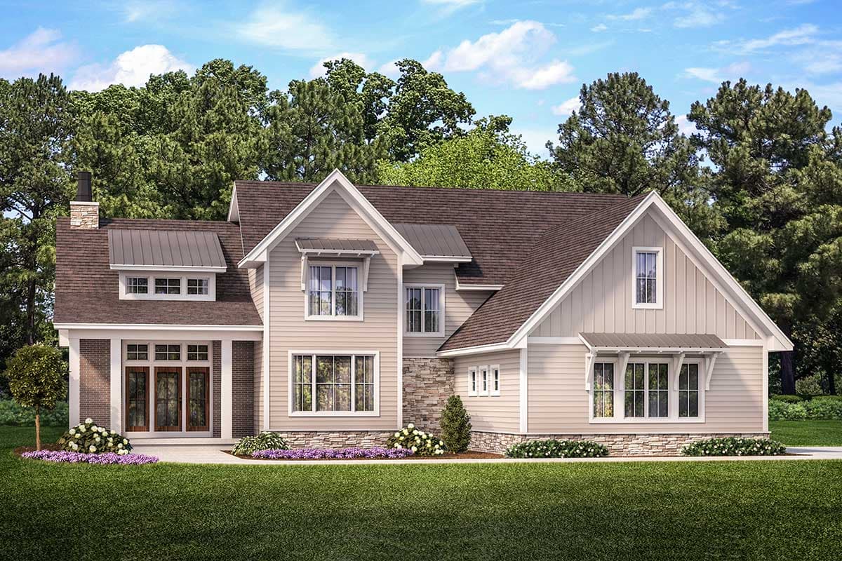 House plan exterior with two stories, board and batten siding, multiple gables, and a front porch with a shed roof.