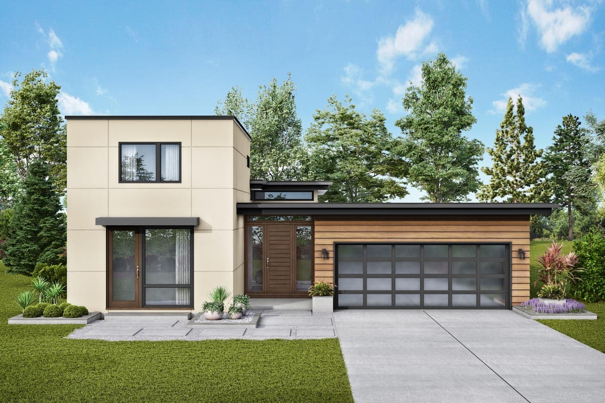 House plan exterior with modern design. Features include a flat roof, attached garage, and a two-story section. Large windows and a covered entry.