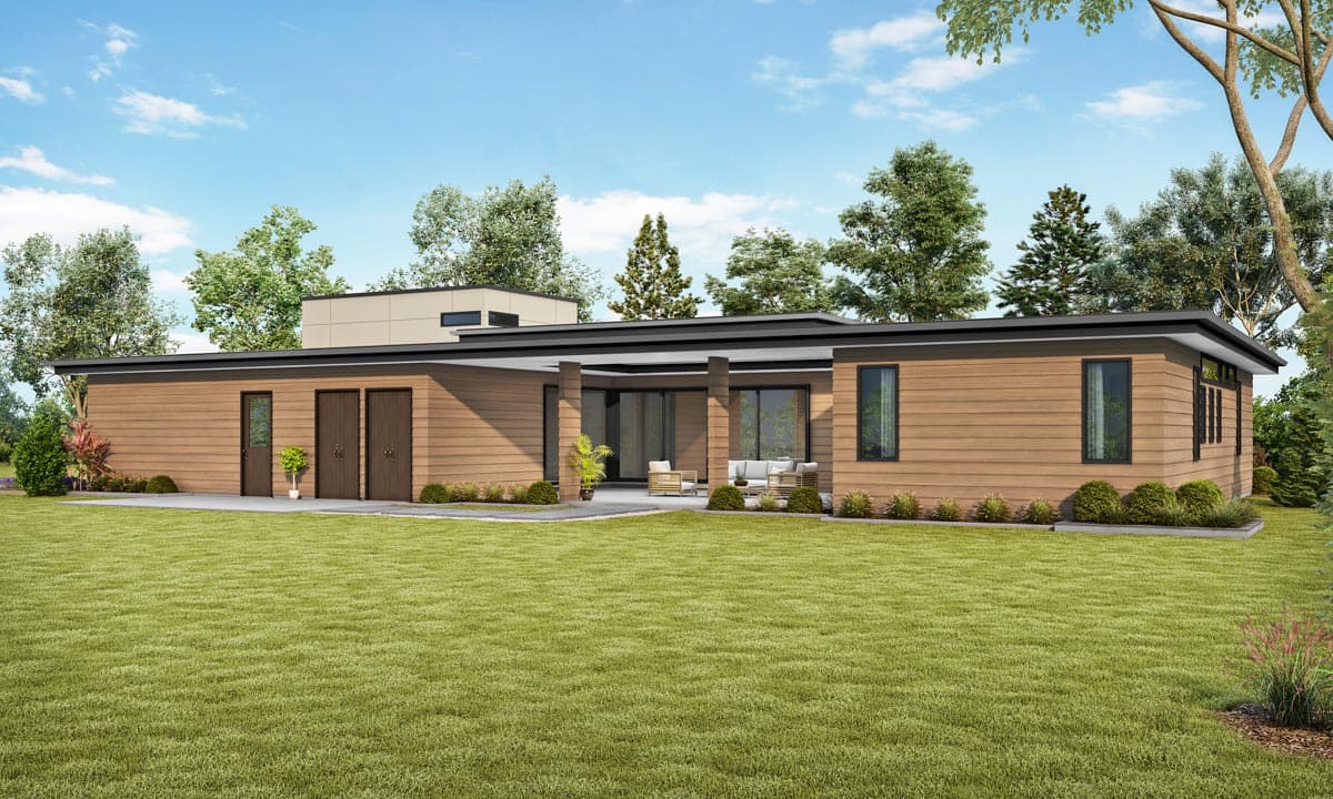Modern single-story house plan exterior with horizontal wood siding, flat roof, covered patio with outdoor seating, and large windows.