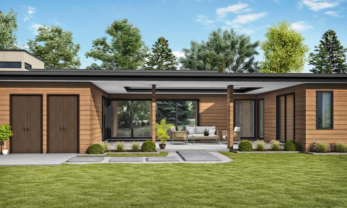 Modern house plan exterior with wood siding, covered patio with seating, and a double garage.