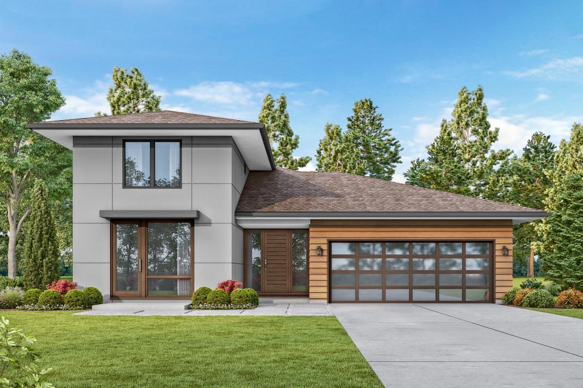 House plan exterior: Modern two-story home with a flat roof, prominent windows, and a detached garage with a glass panel door.