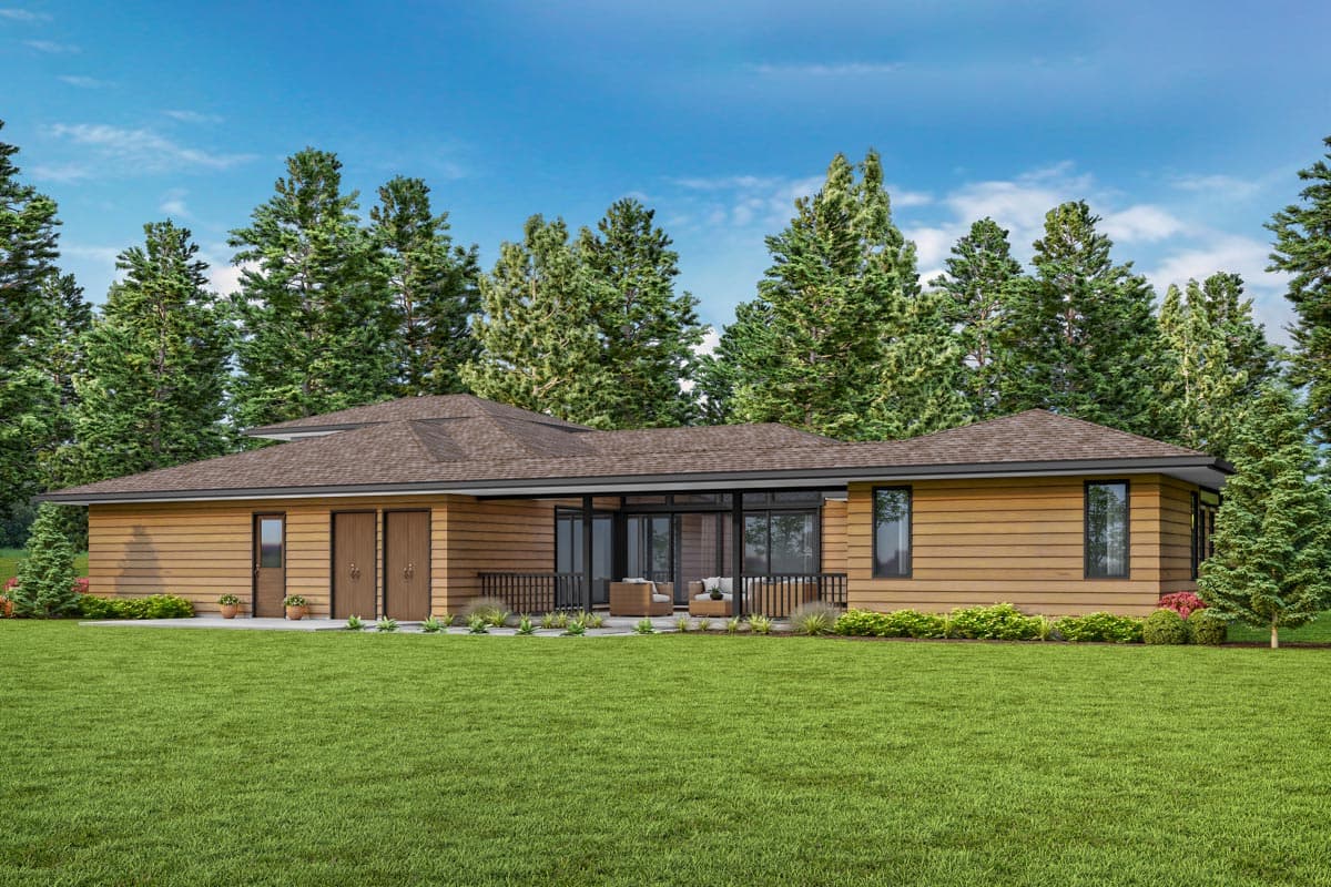 Modern ranch house plan exterior with horizontal siding, a covered porch, and large windows.
