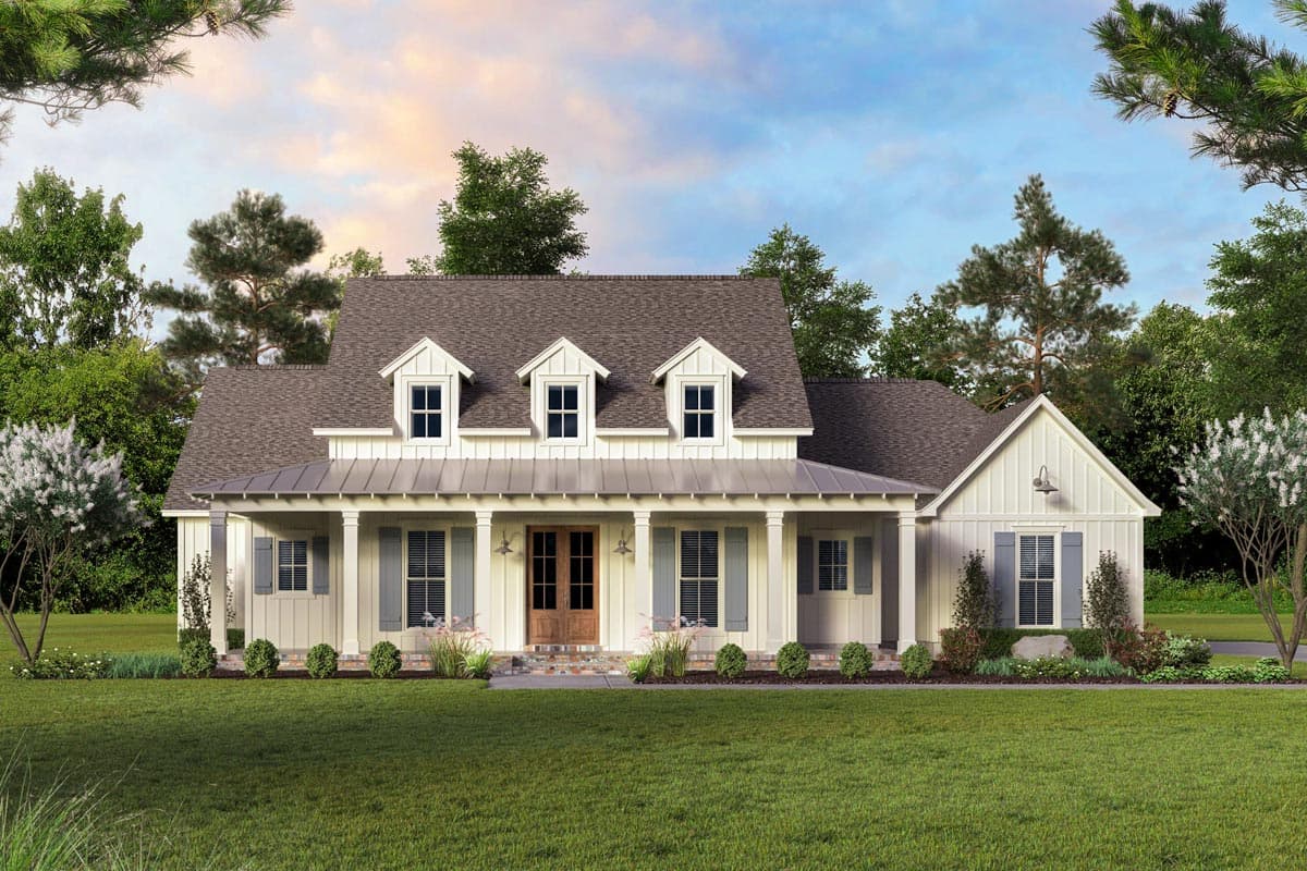 Modern Farmhouse house plan exterior with a wide front porch, three dormers, board and batten siding, and a gable accent.