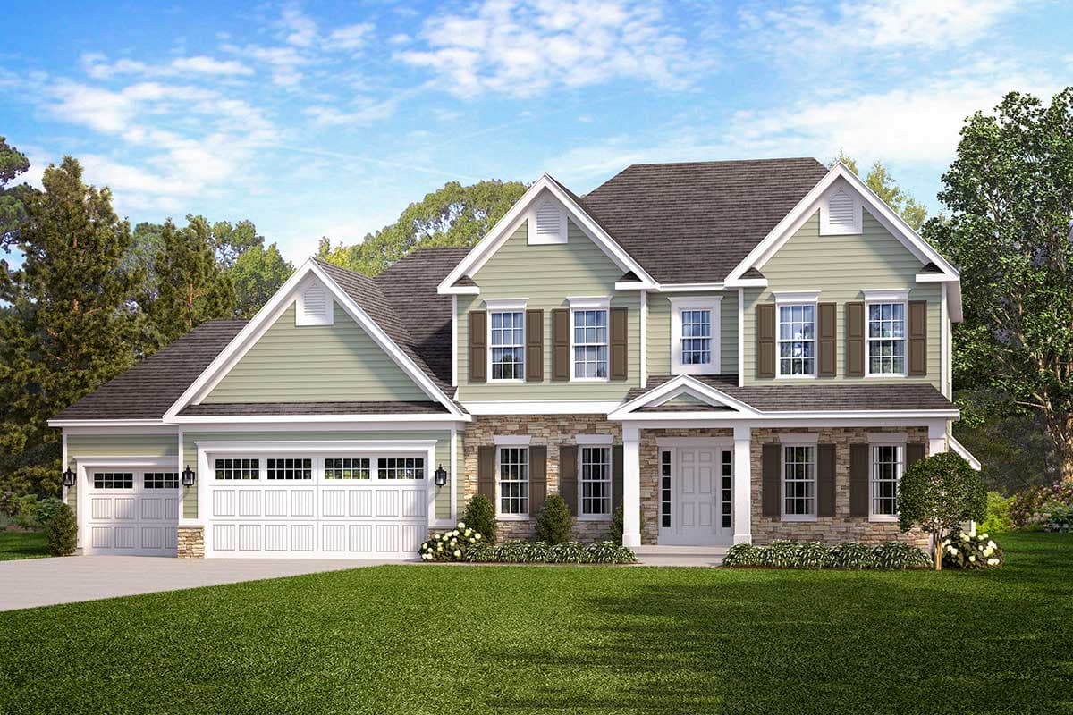 House plan exterior. Two-story house with a gabled roof, stone accents, and a front porch. Features an attached garage and shutters.