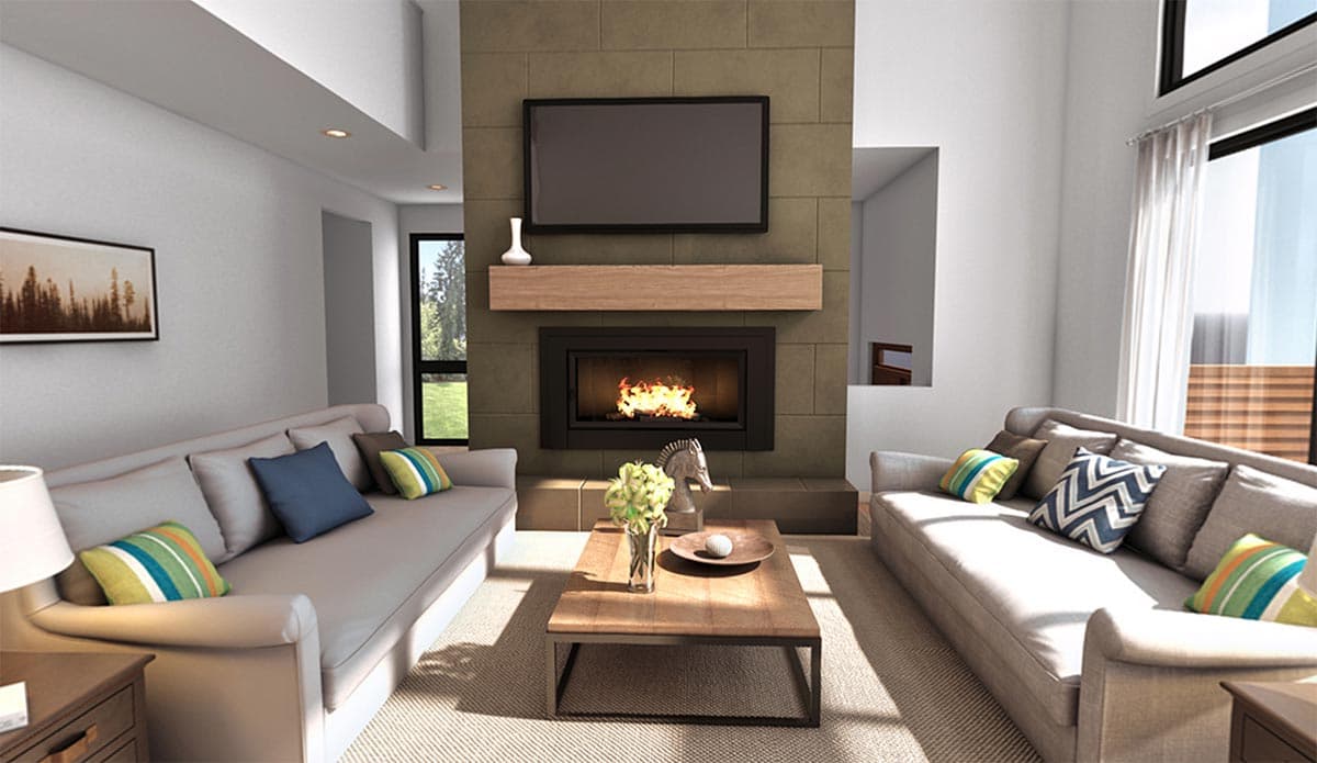 Interior rendering of a living room with a modern fireplace, two sofas, and large windows.