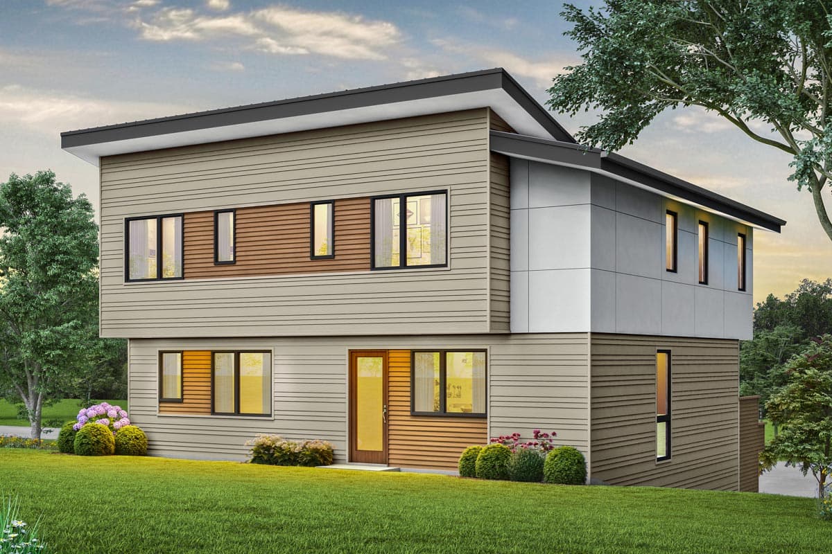 Modern two-story house plan exterior with horizontal siding, mixed material facade, and prominent rooflines.