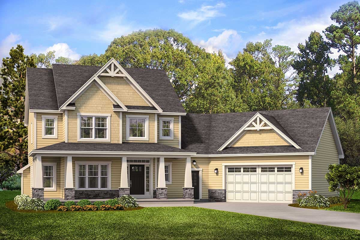 House plan exterior with two stories, a front porch with columns, gables with decorative trim, and an attached garage.