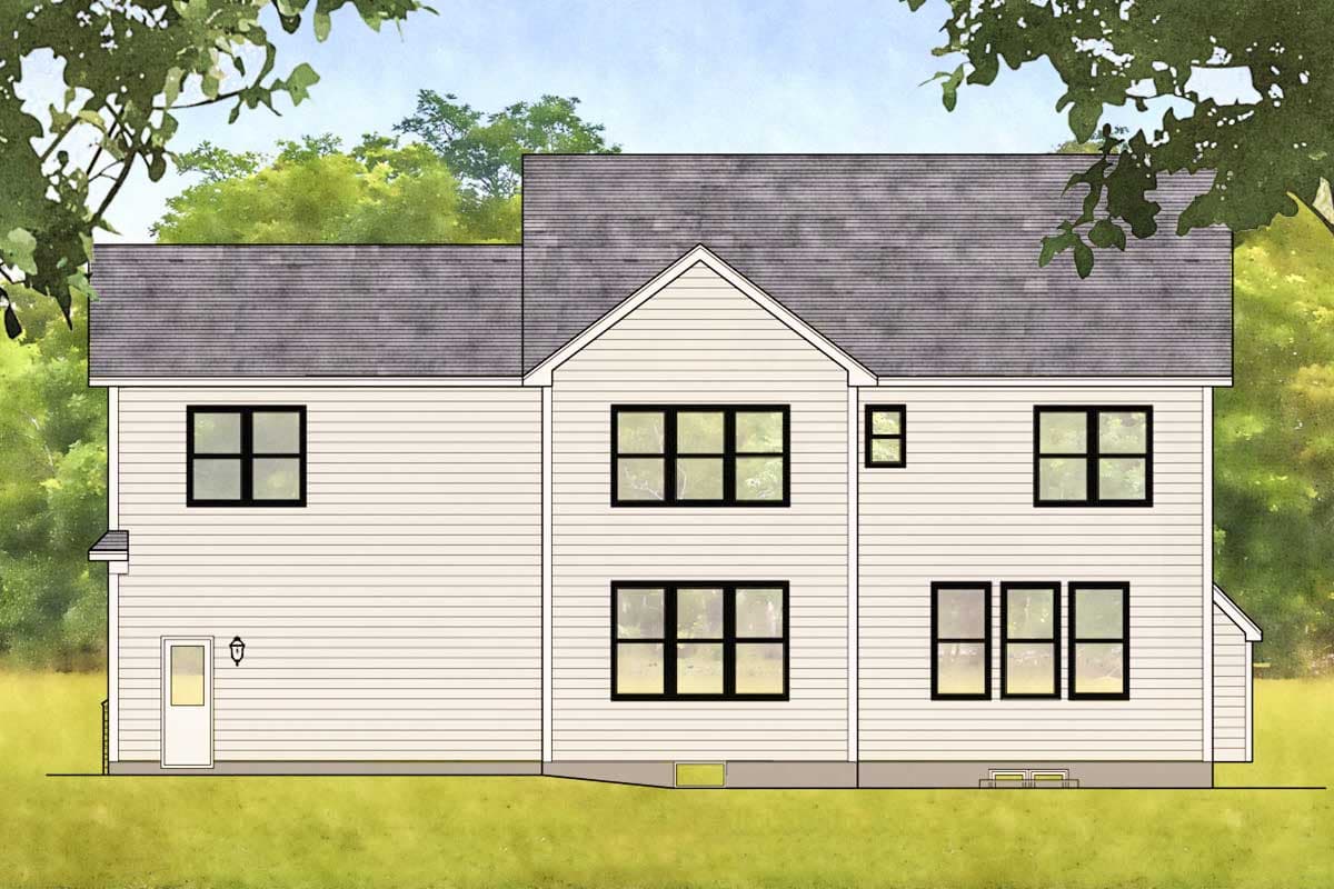 House plan exterior of a two-story home with horizontal siding, multiple windows, and a gabled roof.