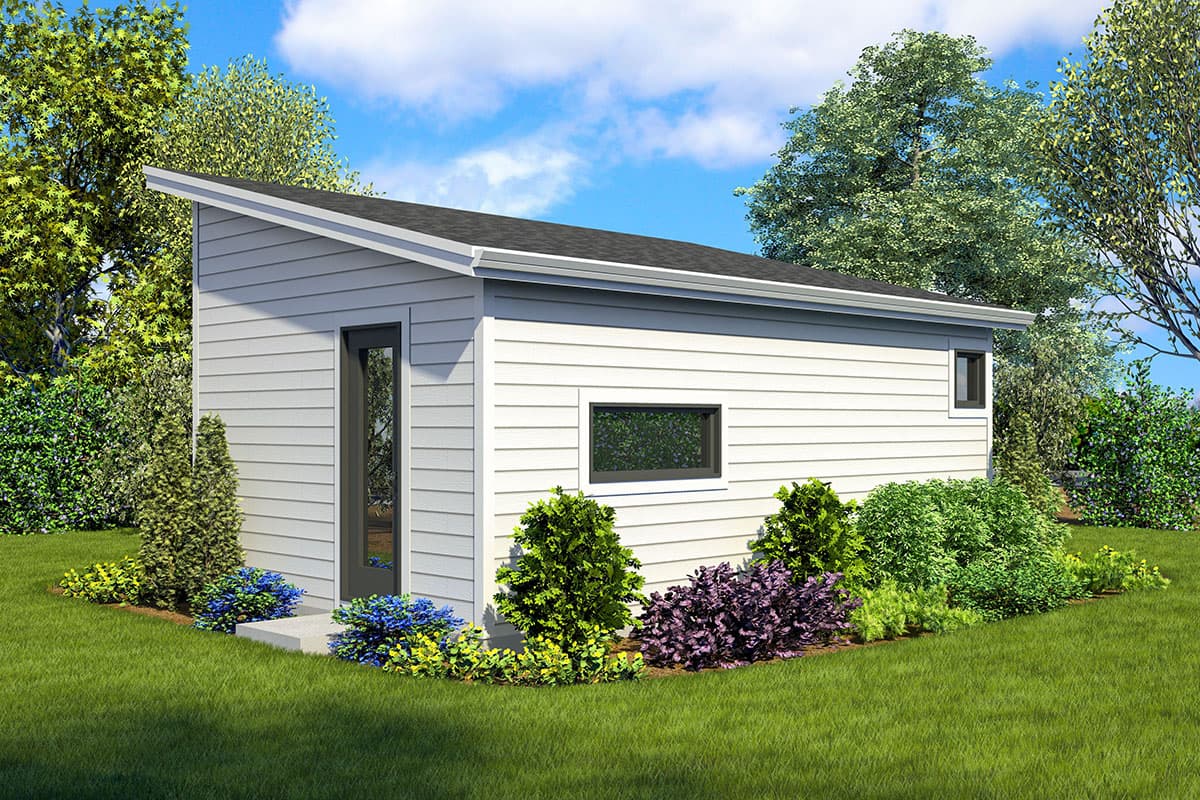 Modern house plan exterior featuring horizontal siding, a single story, shed roof, and a glass entry door.