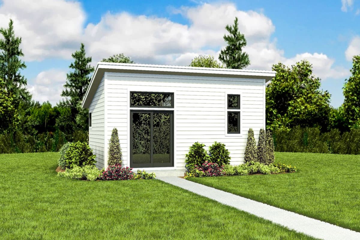 Modern house plan exterior with horizontal siding, shed roof, large glass doors, and clerestory windows.