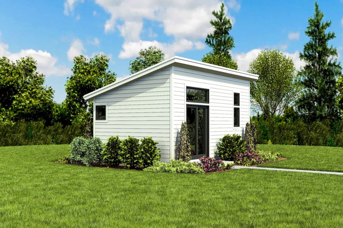 Modern house plan exterior with a single story, flat roof, horizontal siding, and large windows.
