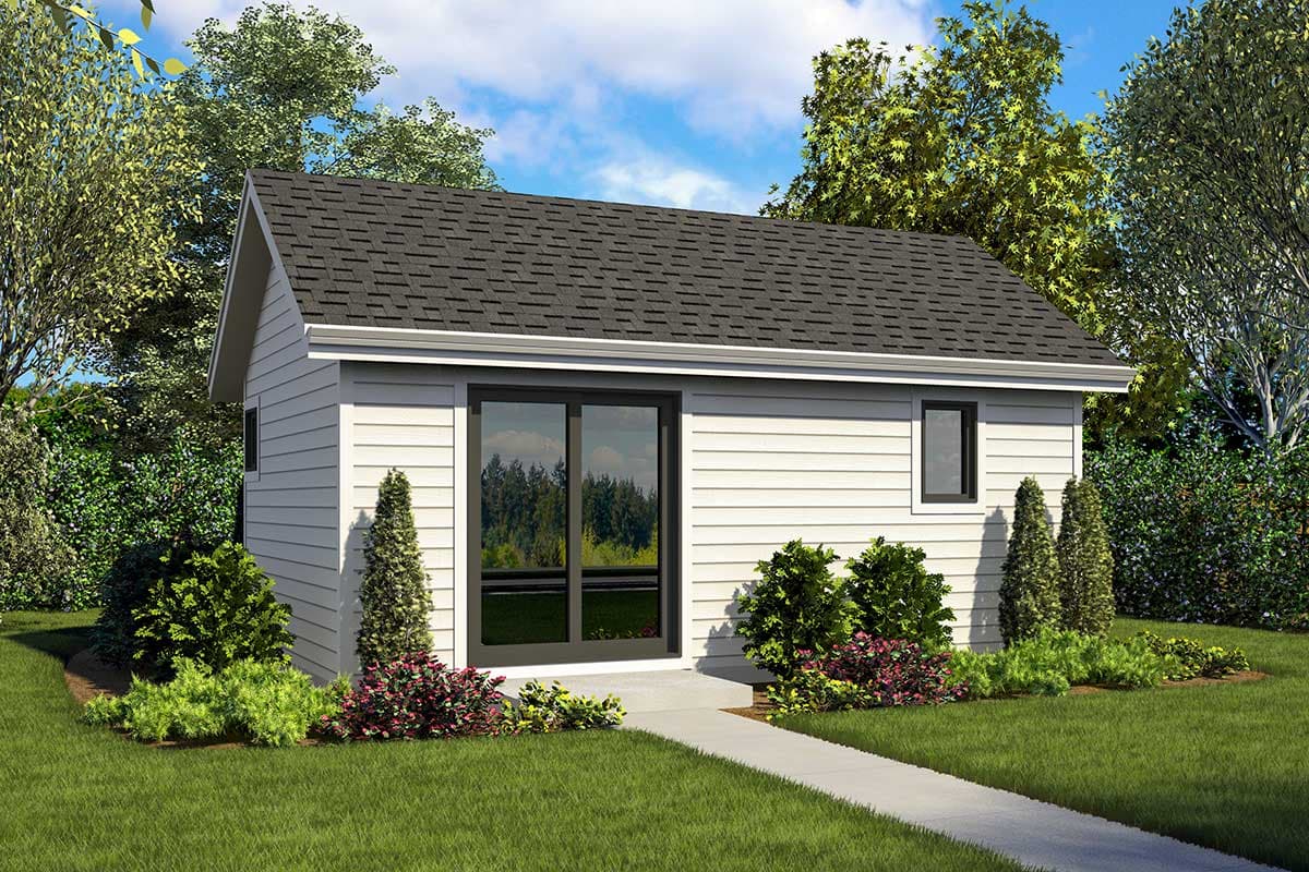 House plan exterior featuring a gable roof, a large sliding door, and a single-story design with horizontal siding.