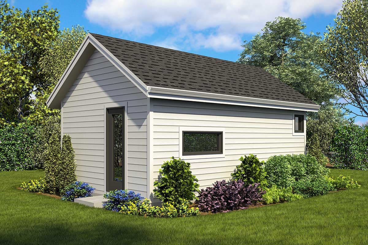 House plan exterior: one-story structure with vinyl siding, gable roof, entry door, and rectangular windows.