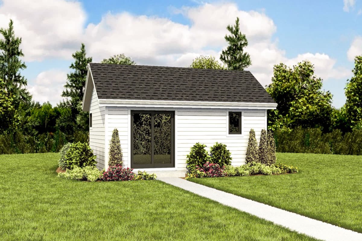 Modern house plan exterior with a gabled roof, white siding, double doors, and one window.
