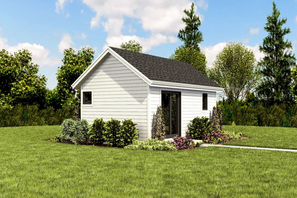 House plan exterior, one-story structure with white horizontal siding, a gable roof, and a glass door entrance.