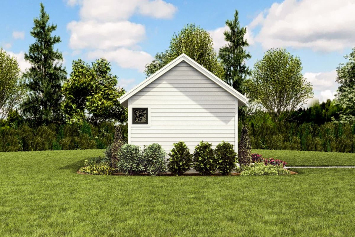 House plan exterior: one-story white siding structure with a gabled roof and a decorative window.