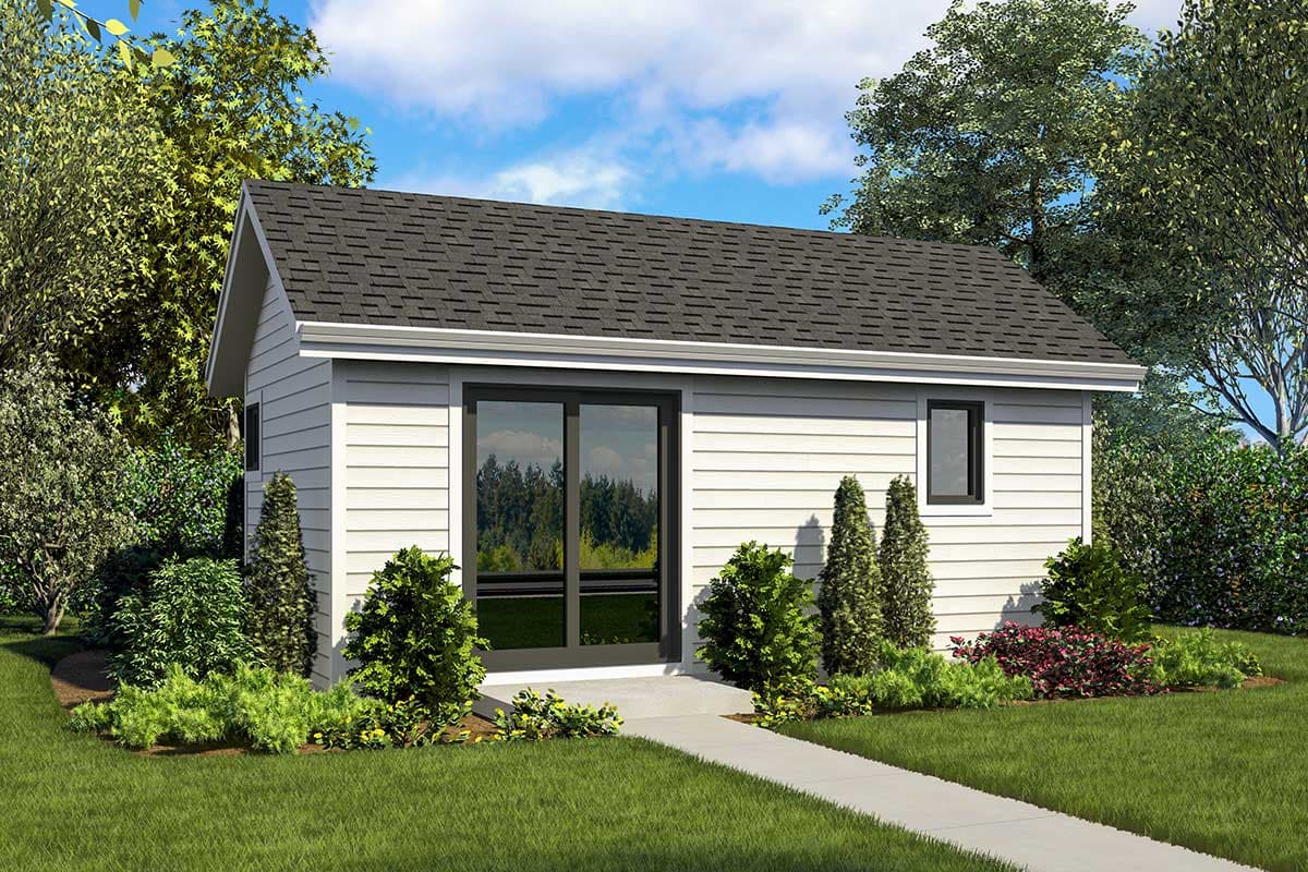 House plan exterior with a gable roof, horizontal siding, and a large sliding door with a walkway leading to it.