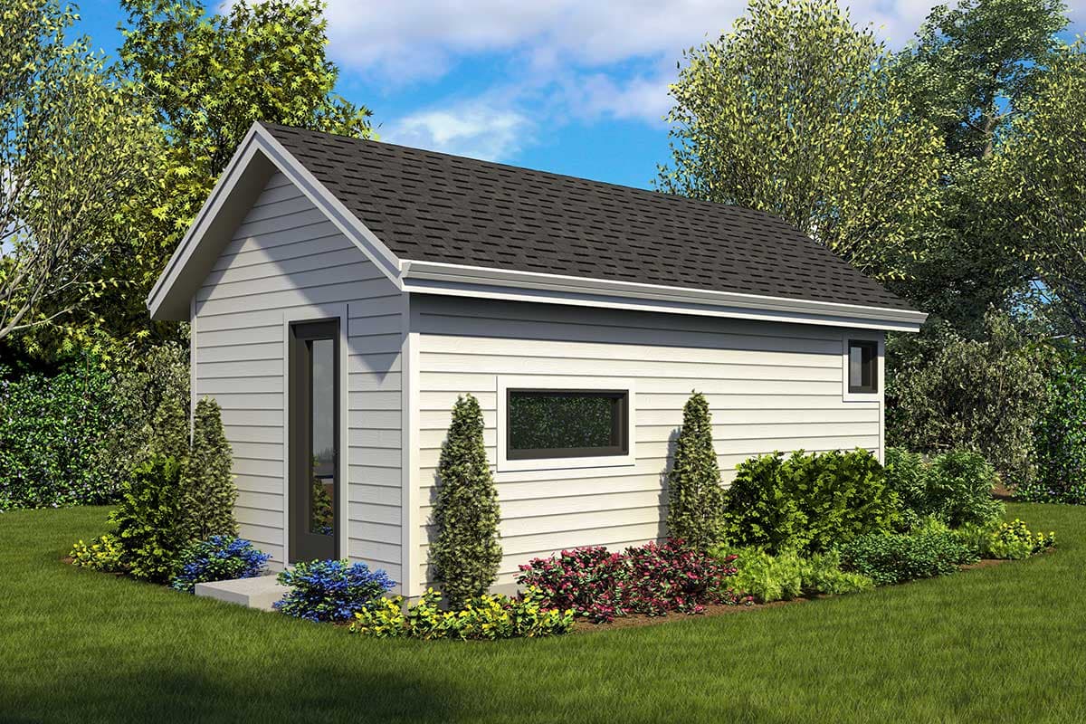 House plan exterior, one story, gable roof, white siding, dark-trimmed door, and two horizontal windows.