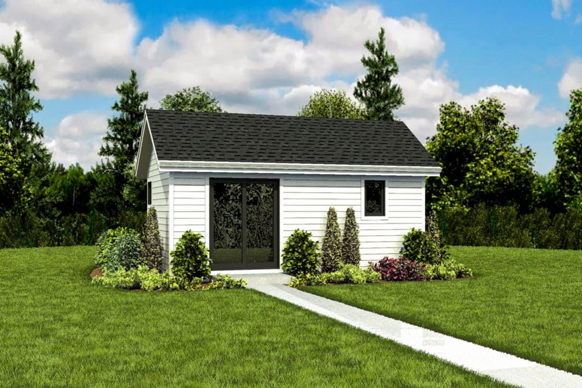 House plan exterior: One-story modern structure with gable roof, white siding, double glass doors, and a single window.