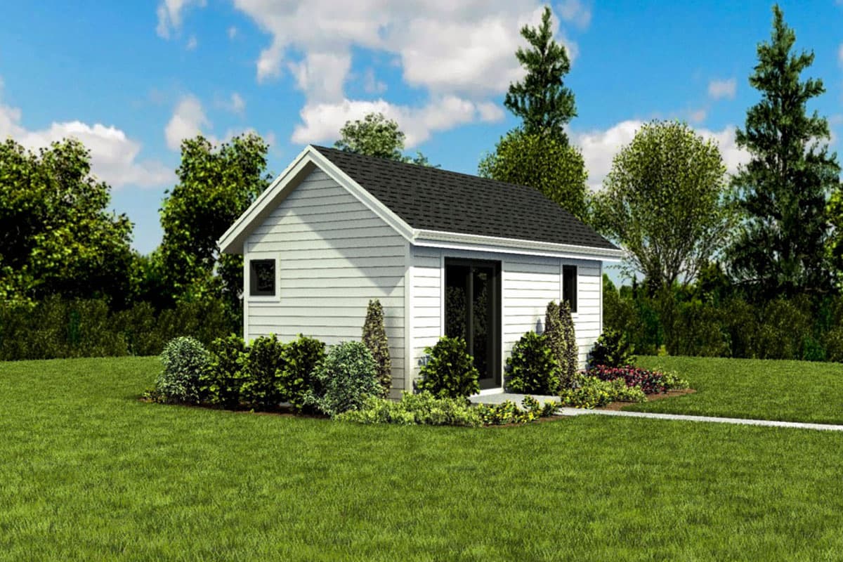House plan exterior: small, one-story dwelling with white siding, a gable roof, and a sliding glass door entrance.