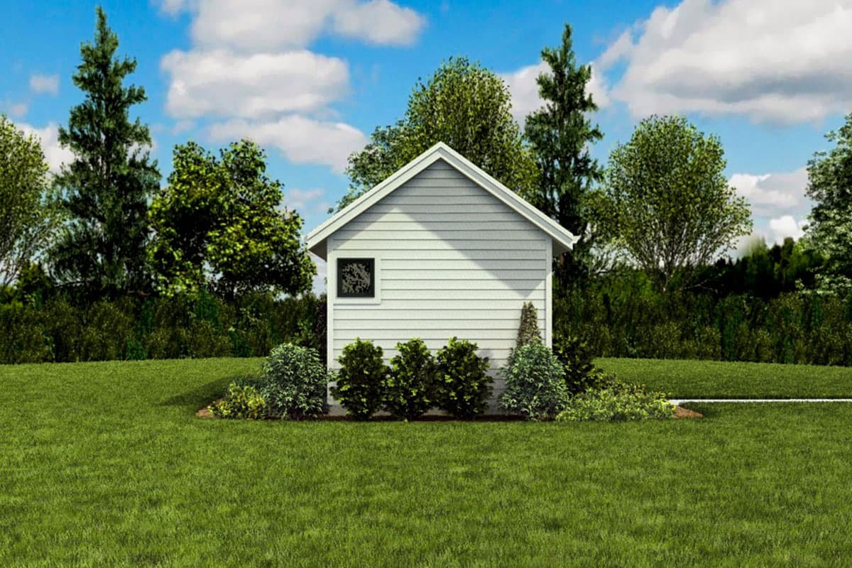 House plan exterior rendering of a one-story cottage with a gable roof, horizontal siding, and one small square window.