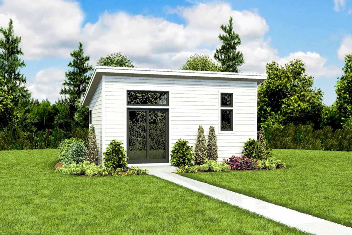 Modern house plan exterior with a single story, white horizontal siding, a sloped roof, and large glass doors.