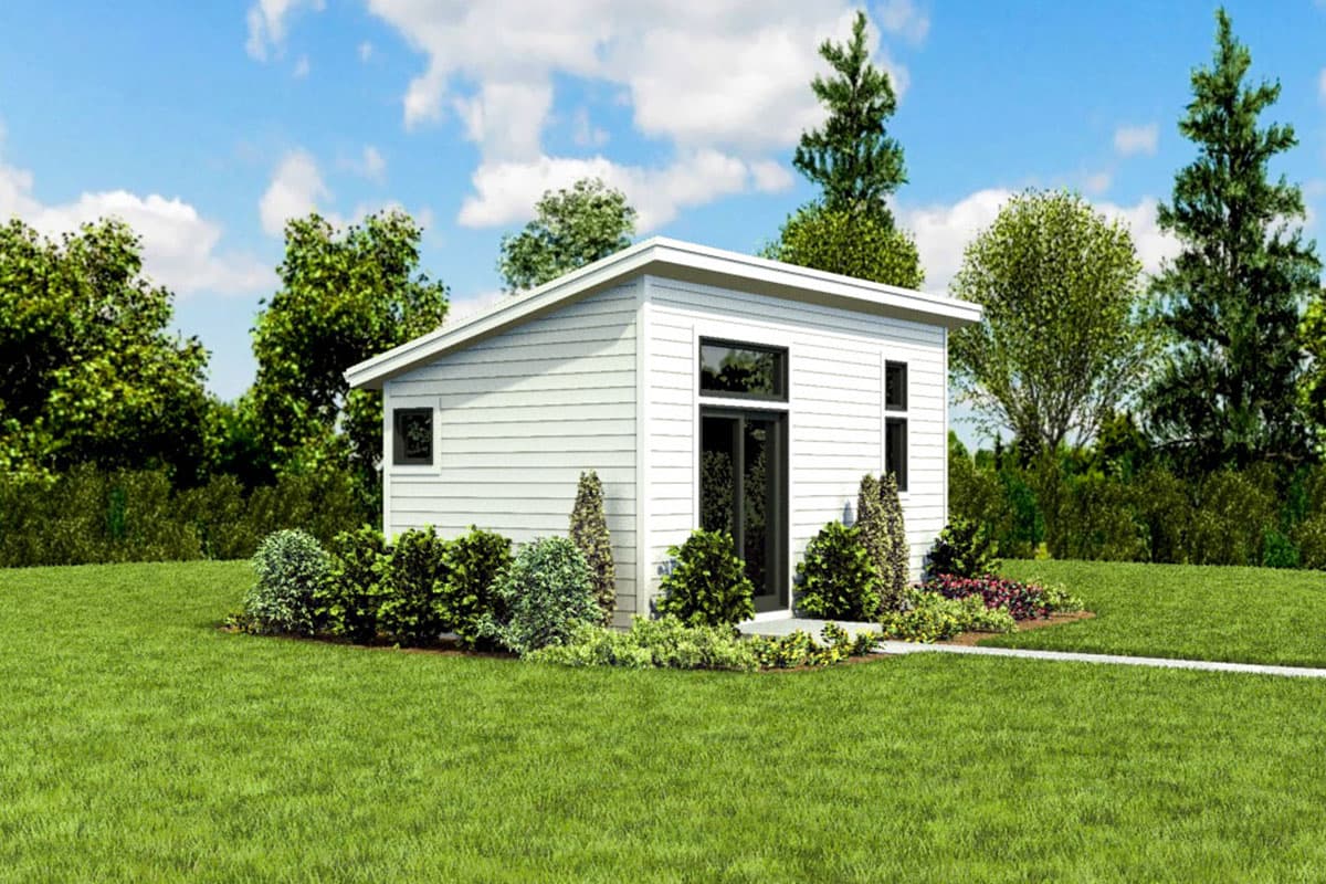 Modern house plan exterior: single-story with a sloped roof, horizontal siding, and a glass-paneled front door.