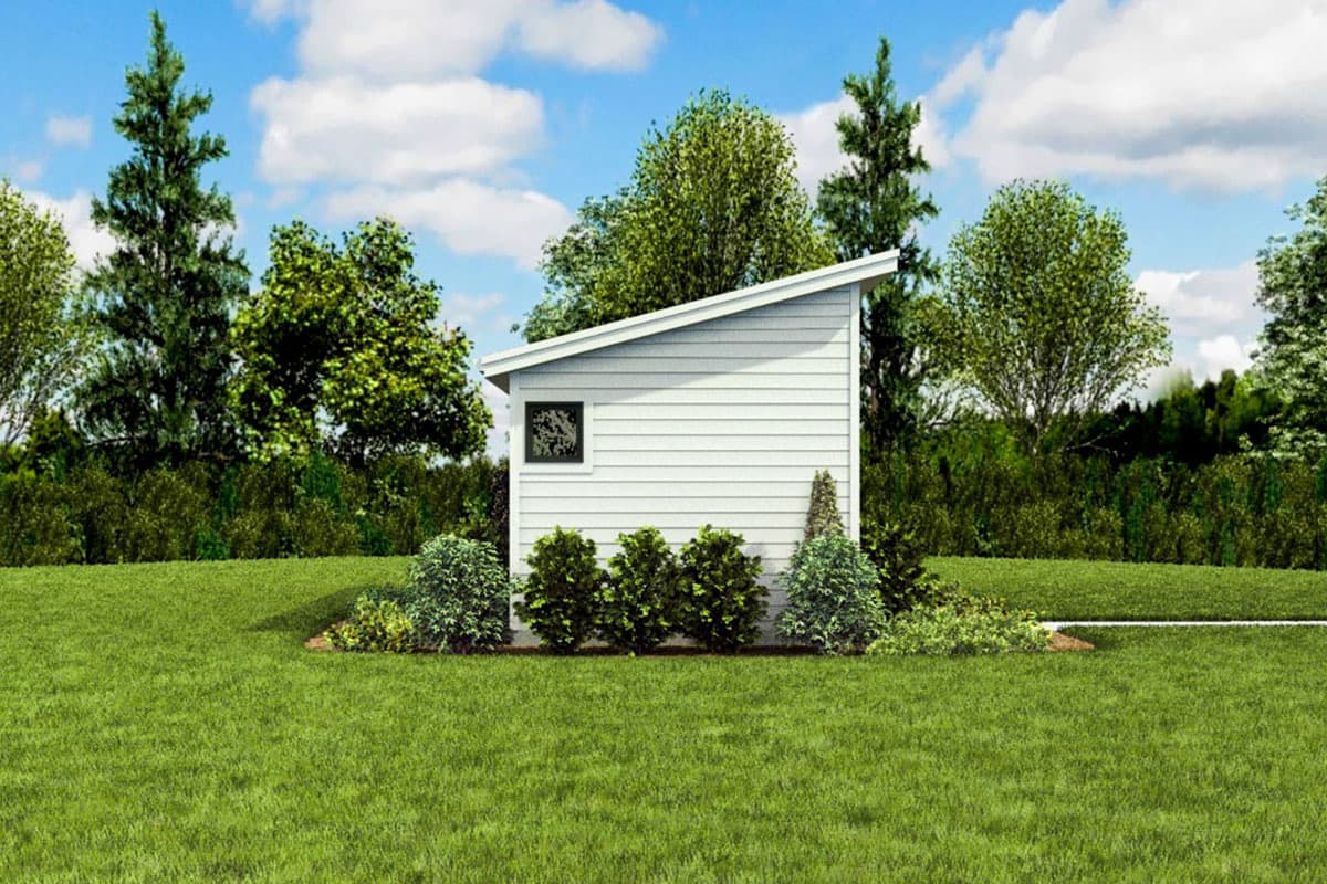 Modern shed house plan exterior with asymmetrical roofline, horizontal siding, and single square window.
