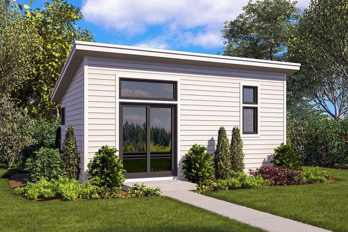House plan exterior with modern style, one story, and a flat roof. Features include large windows and a covered entrance with a concrete walkway.