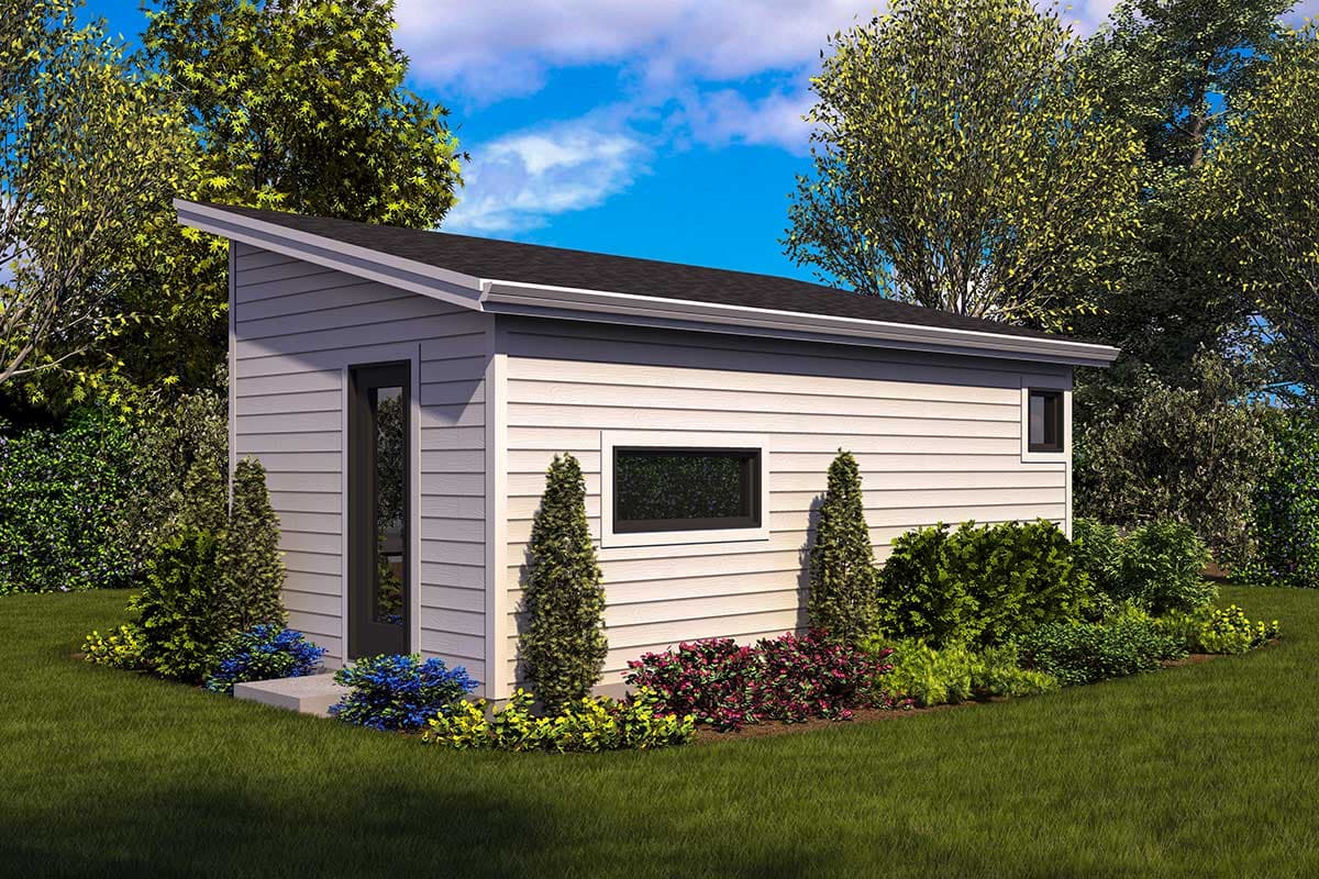 Modern house plan exterior with a low-slope roof, horizontal siding, and two windows.