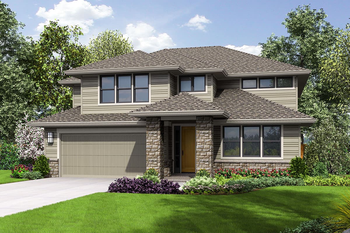 House plan exterior with two stories, a contemporary style, a stone-clad entry, gables, and a front-facing garage.