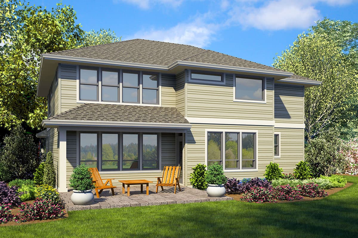 House plan exterior: Two-story home with horizontal siding, large windows, and a hipped roof with prominent eaves.