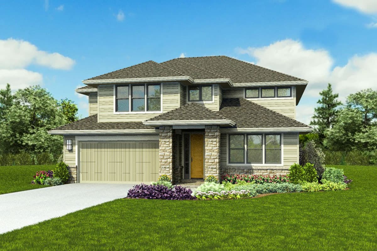Two-story house plan exterior with stone accents, prominent gables, and a two-car garage.