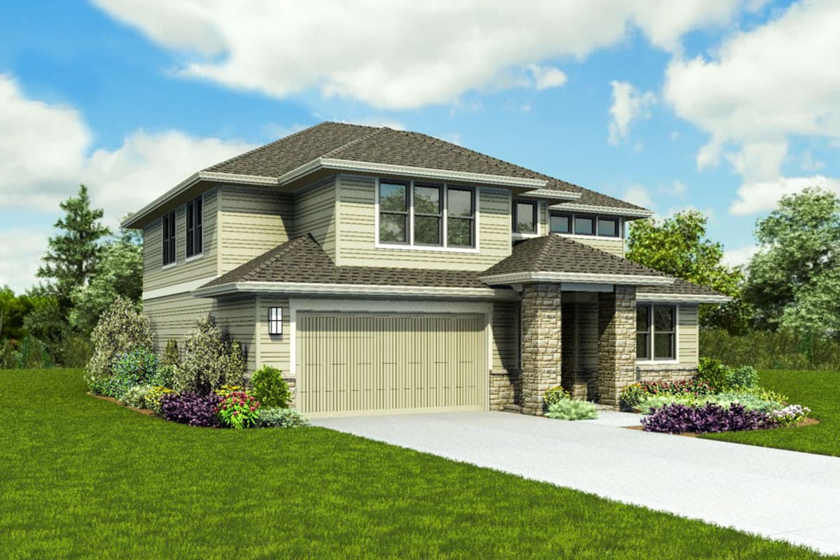 House plan exterior, two stories, beige siding, stone-accented entrance, and a two-car garage.