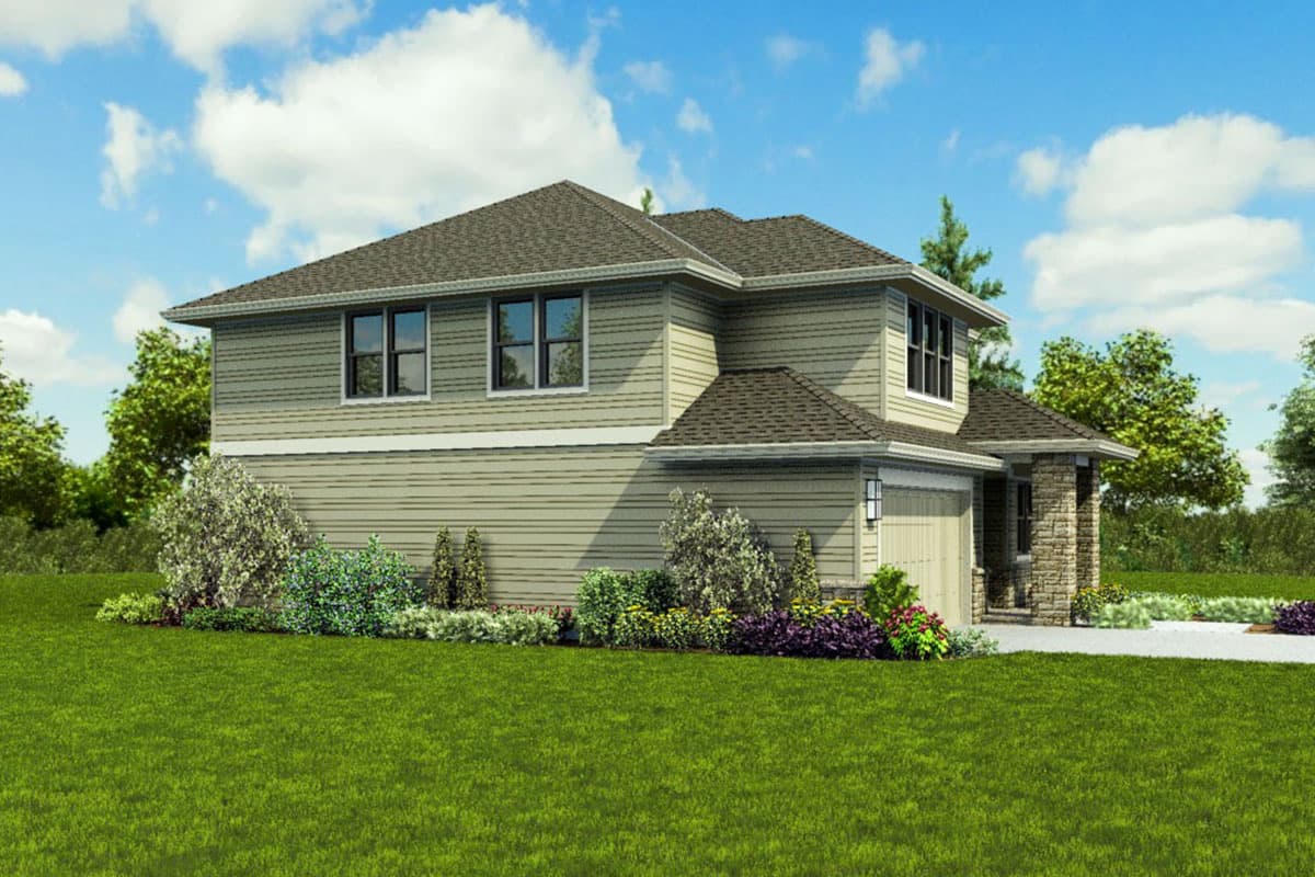 Two-story house plan exterior with horizontal siding, stone accents, attached garage, and peaked rooflines.